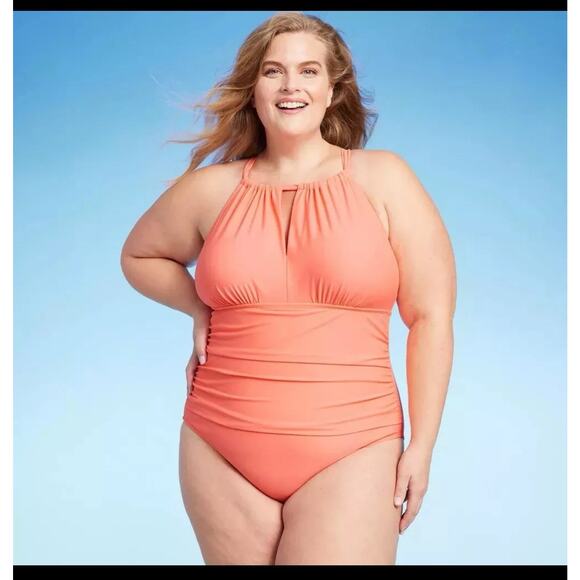 Kona Sol Women's High Neck Halter One Piece Swimsuit Tummy Control Coral Size 22 - Picture 1 of 2
